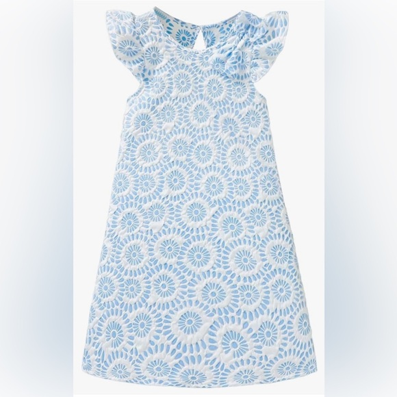 Girls 👧🏻 🆕 Blue Dress with Swirl Pattern and Ruffled Neckline - Picture 2 of 6